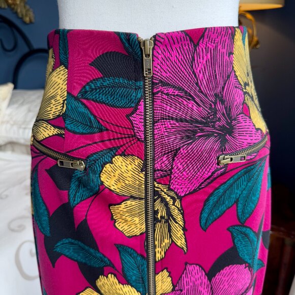 Vivid Fuschia With Yellow and Teal Tropical Floral Print Pencil Skirt - Picture 4 of 8